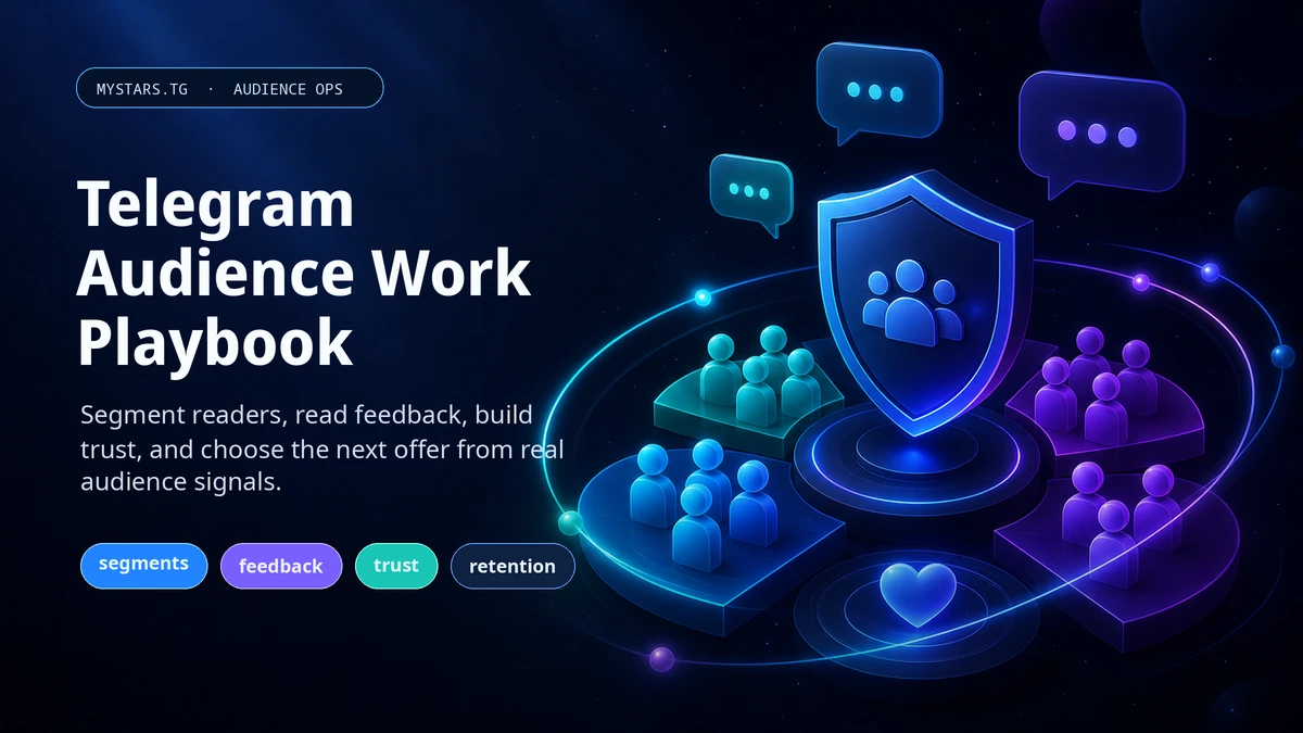 Telegram audience work playbook with four steps: segment, feedback, trust, and retention.