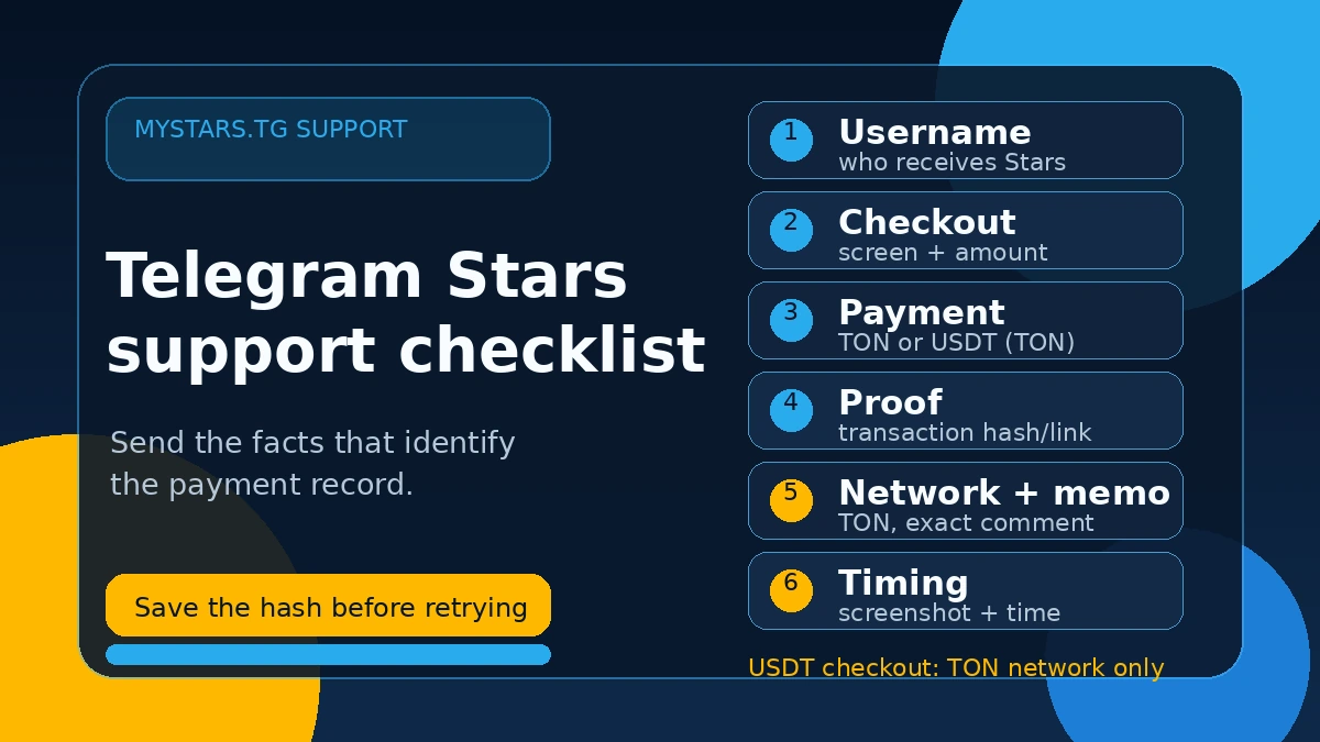 MyStars support checklist for Telegram Stars payment issues
