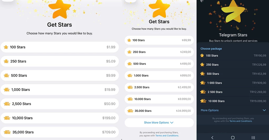 Left: US iPhone — 1,000 Stars, $19.99. Centre: Turkish iPhone — ₺999. Right: Turkish Android — ₺909. The same balance, priced by regional tier rather than by conversion.