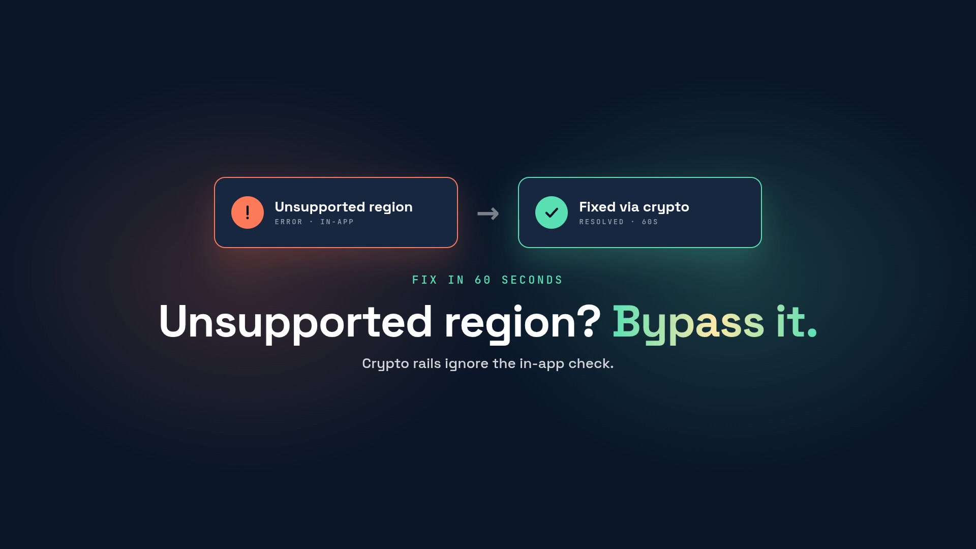 The “Telegram Wallet unsupported region” error only blocks the in-app rail — crypto payments bypass the check entirely.